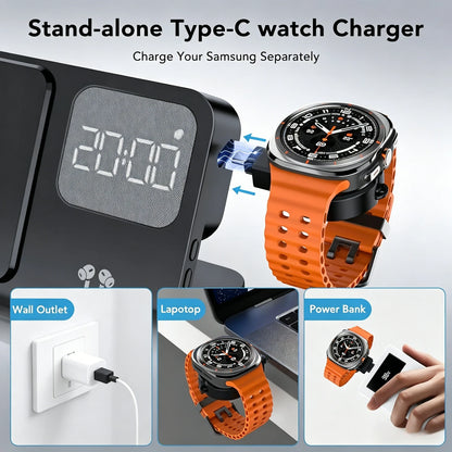 4-in-1 Wireless Charging Station - Alarm Clock Stand for Samsung Galaxy S26/S25, Galaxy Watch, Buds & Fast Charging Accessories