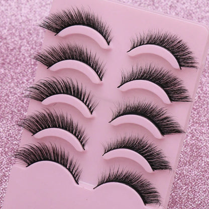 5 Pairs Cat Eye Faux Mink Eyelashes – Winged Long Natural Manga Style False Lashes Makeup Set