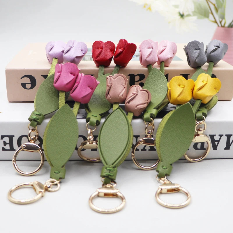 Genuine Leather Flower Bag Pendant Keychain – Original Handmade Osmanthus & Tulip Design, Exquisite Floral Charm for Bags & Accessories