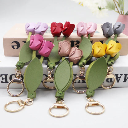 Genuine Leather Flower Bag Pendant Keychain – Original Handmade Osmanthus & Tulip Design, Exquisite Floral Charm for Bags & Accessories