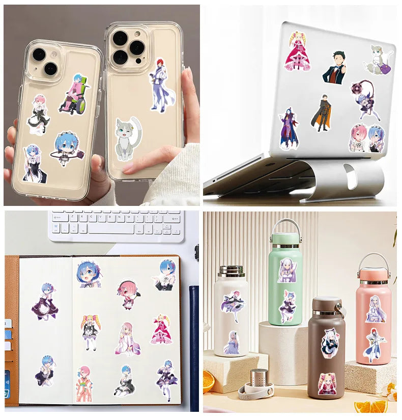 50PCS Re:Zero Anime Stickers – Rem, Ram & Emilia Waterproof Decals for Laptops, Water Bottles & Luggage