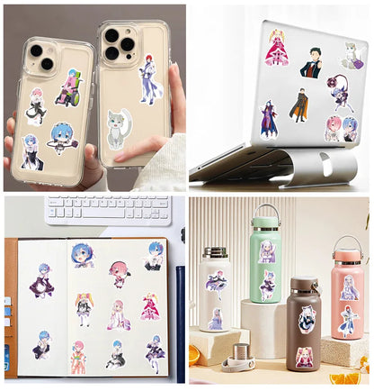 50PCS Re:Zero Anime Stickers – Rem, Ram & Emilia Waterproof Decals for Laptops, Water Bottles & Luggage