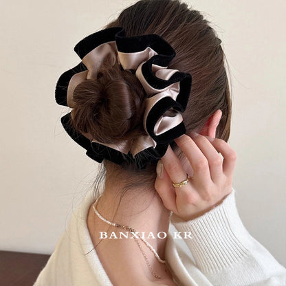 Velvet-Edged Satin Bloom Scrunchie - Elegant Hair Tie for Everyday Style
