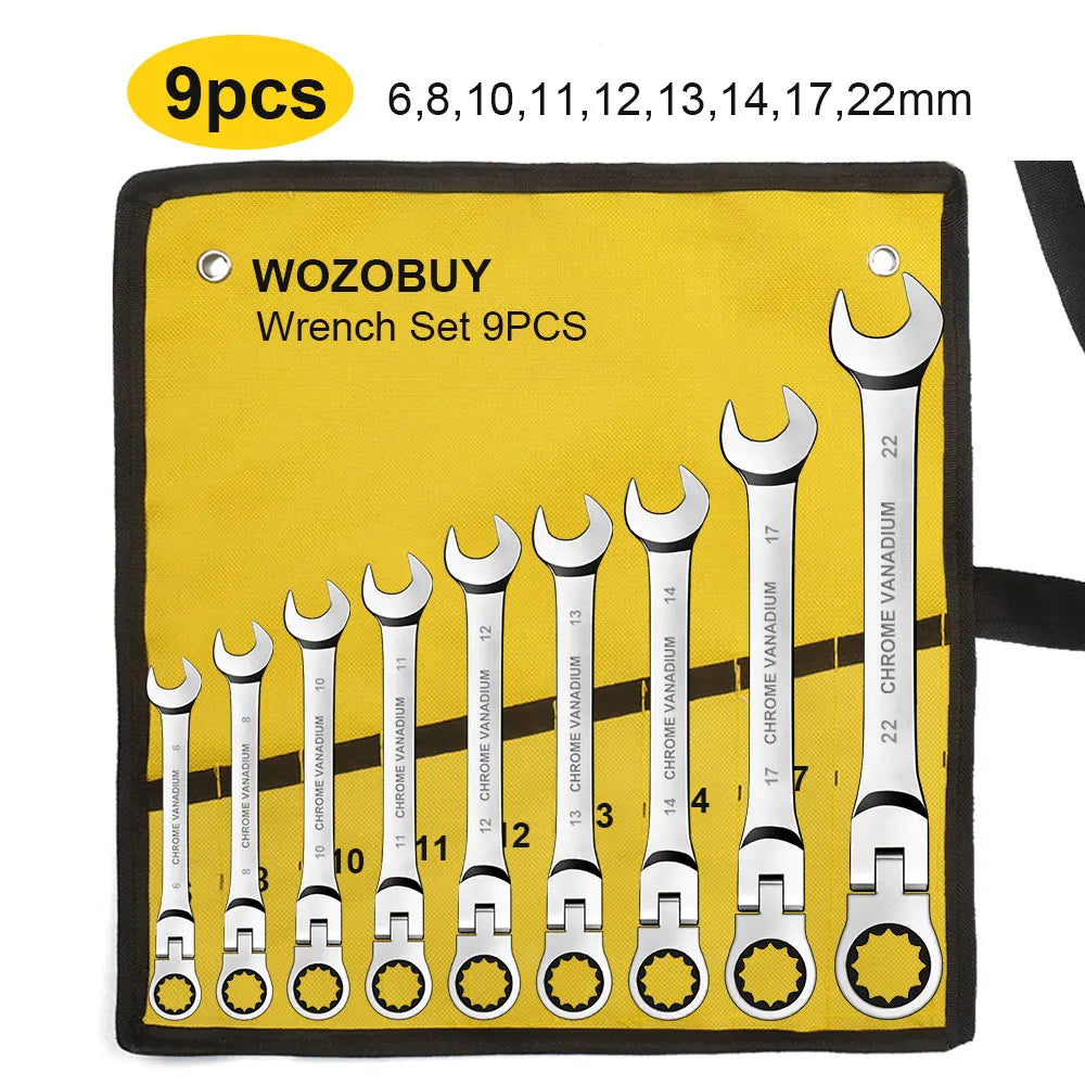 6-22mm Metric Ratcheting Combination Wrench Set – Flex Head Chrome Vanadium Steel Spanners with Carry Bag