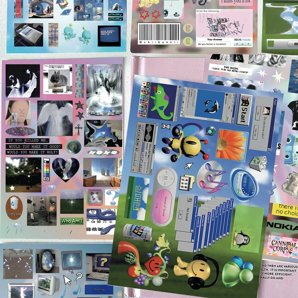 8-Sheet Y2K Dreamcore Sticker Set - Retro Weirdcore Die-Cut Stickers for Scrapbooks, Journals, Diaries, and Collages