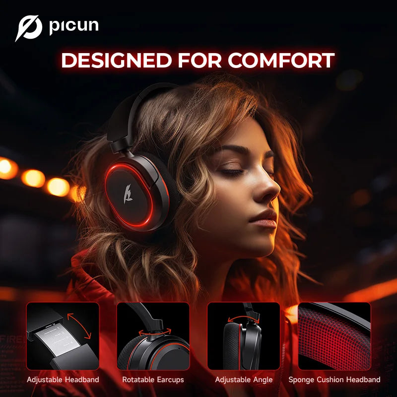 Picun G2 Wireless Gaming Headset – 2.4G & Bluetooth, 5ms Low Latency, 7.1 Surround Sound, ENC Mic for PC, PS4, PS5, Switch & Phone