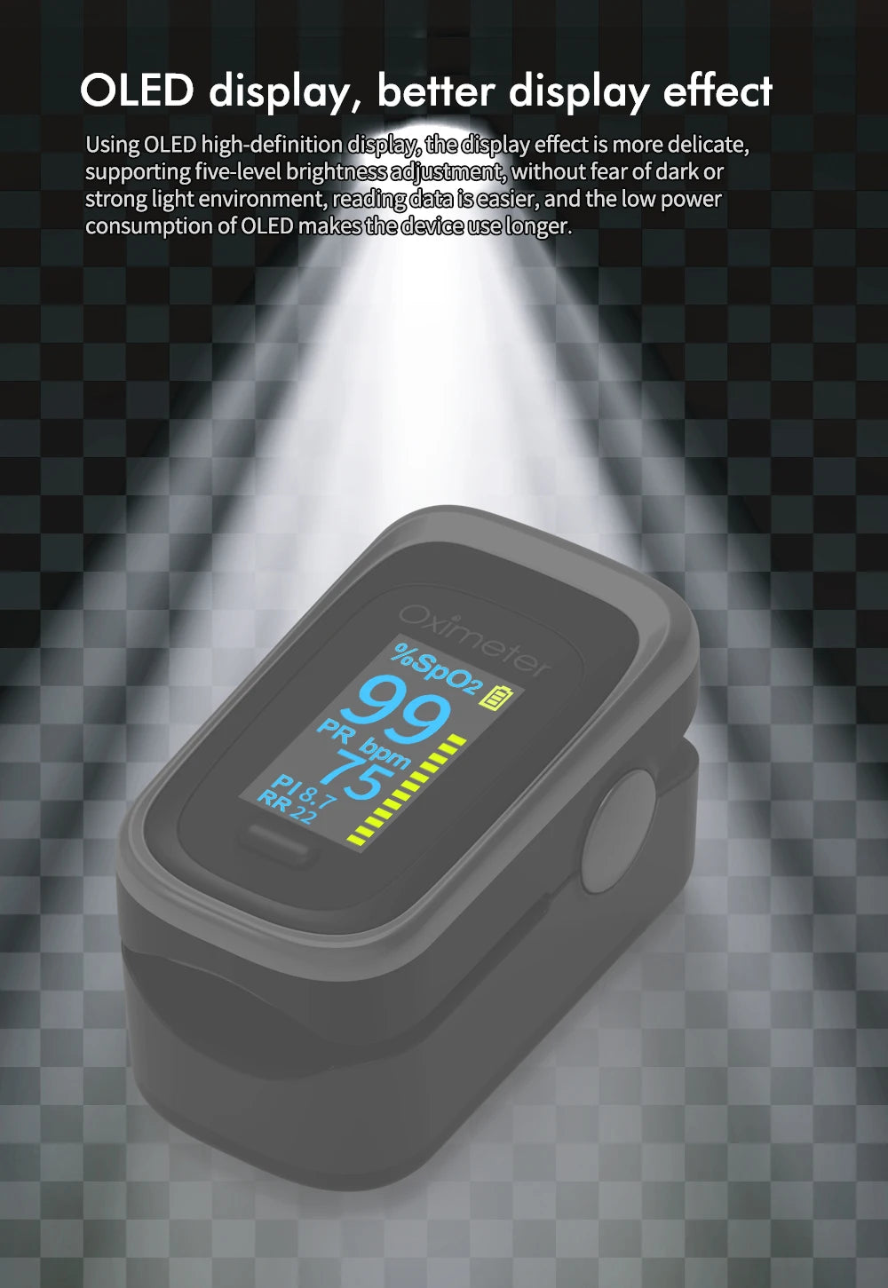 Kiuzou Medical Finger Pulse Oximeter – Portable OLED SPO2, PR, Sleep Monitor, 8-Hour Battery, Blood Oxygen Case