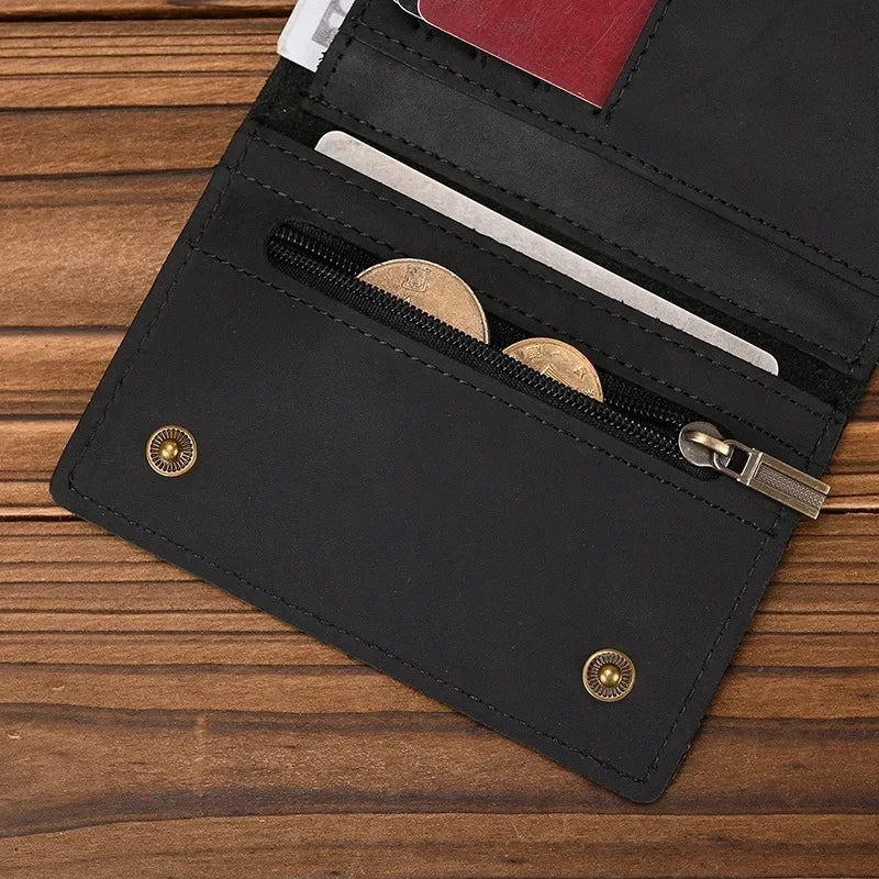Men’s Genuine Leather Short Wallet with Chain – Trifold Zipper Clutch, Card Holder & Coin Purse
