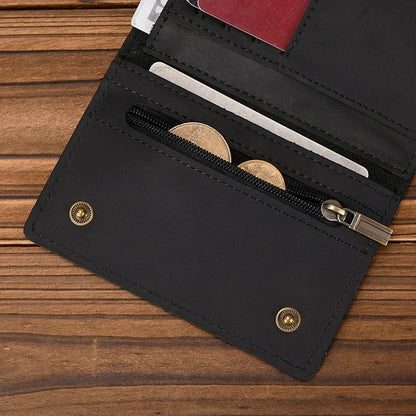 Men’s Genuine Leather Short Wallet with Chain – Trifold Zipper Clutch, Card Holder & Coin Purse