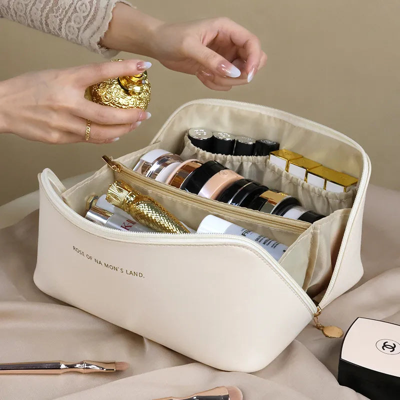 Large Capacity Leather Travel Cosmetic Bag: Waterproof Women's Makeup Case - Portable Multifunctional Toiletry Organizer