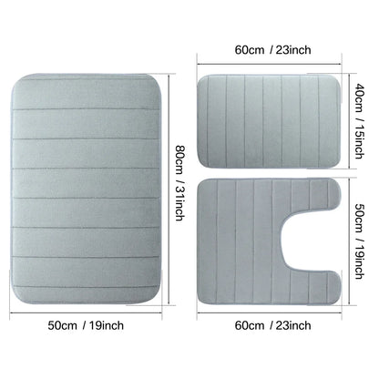 Non-Slip Grey Memory Foam Bath Mat Set – Soft, Water Absorbent, Quick-Drying, Machine Washable Bathroom Rugs for Home Floor