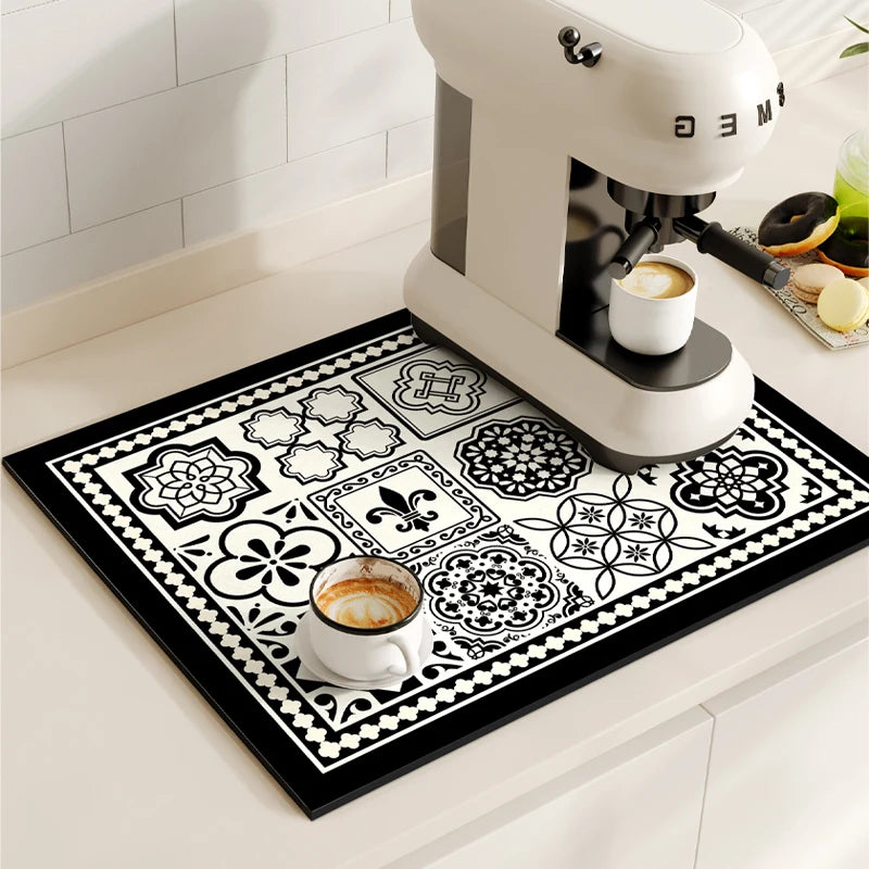 Retro Coffee Maker & Dish Drying Mat – Non-Slip, Quick-Dry Kitchen Placemat for Tableware, Washable