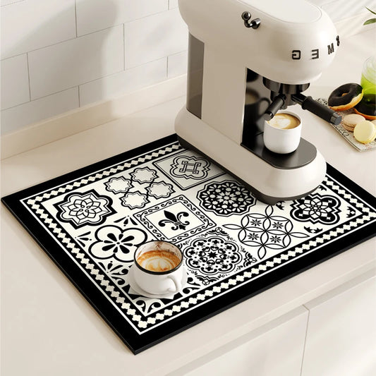 Retro Coffee Maker & Dish Drying Mat – Non-Slip, Quick-Dry Kitchen Placemat for Tableware, Washable