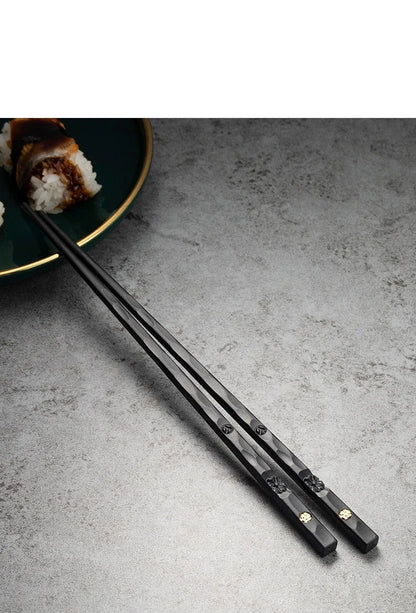 5 Pairs Japanese Reusable Chopsticks – Black Sushi Sticks for Food, Noodles, Alloy Chinese & Korean Kitchen Tableware