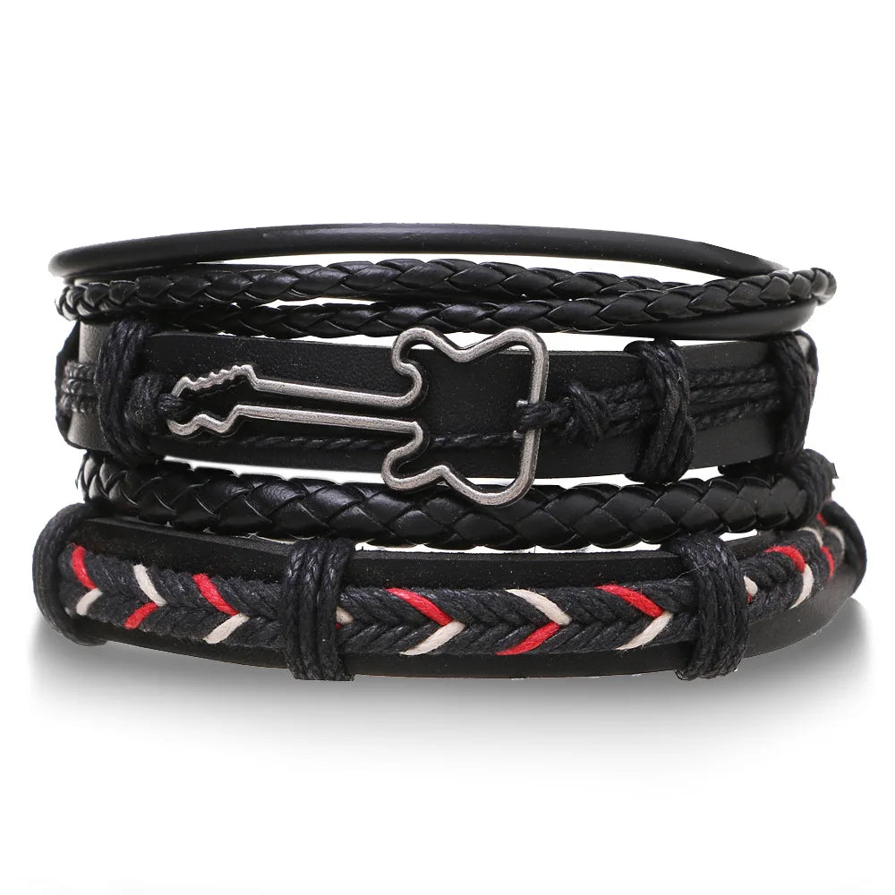 4Pcs Men's Braided Leather Bracelets Set – Vintage Life Tree & Rudder Charms, Wood Beads, Ethnic Tribal Wristbands