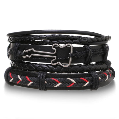 4Pcs Men's Braided Leather Bracelets Set – Vintage Life Tree & Rudder Charms, Wood Beads, Ethnic Tribal Wristbands