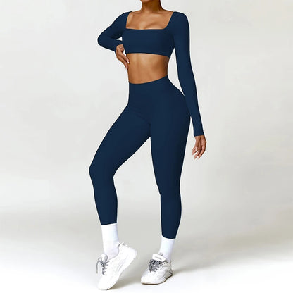 Hearuisavy 2PCS Long Sleeve Gym Set for Women, Quick-Drying Yoga Clothes, Sportswear, Running Leggings, Workout Sports Crop Top
