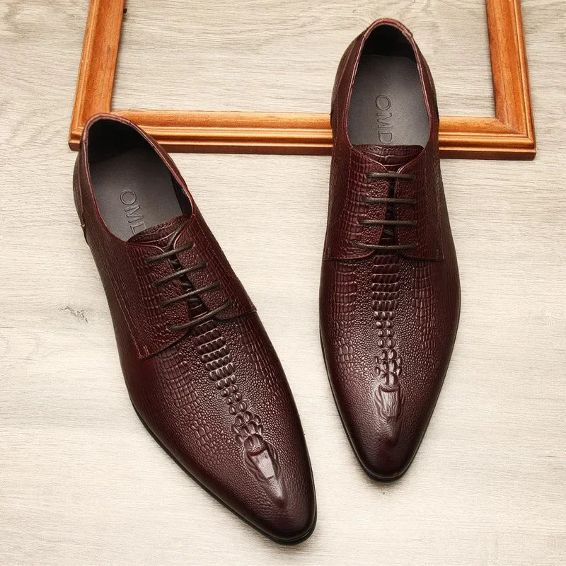 Men’s Genuine Leather Oxford Shoes - Handmade Crocodile Pattern Formal Wedding Business Dress Shoes in Black or Blue