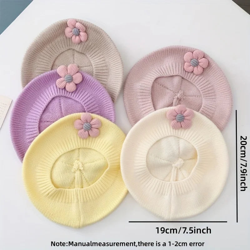 Flower Baby Beret Hat – Winter Warm Knitted Beanie for Infant & Toddler Girls, Korean Princess Artist Painter Cap Solid Color