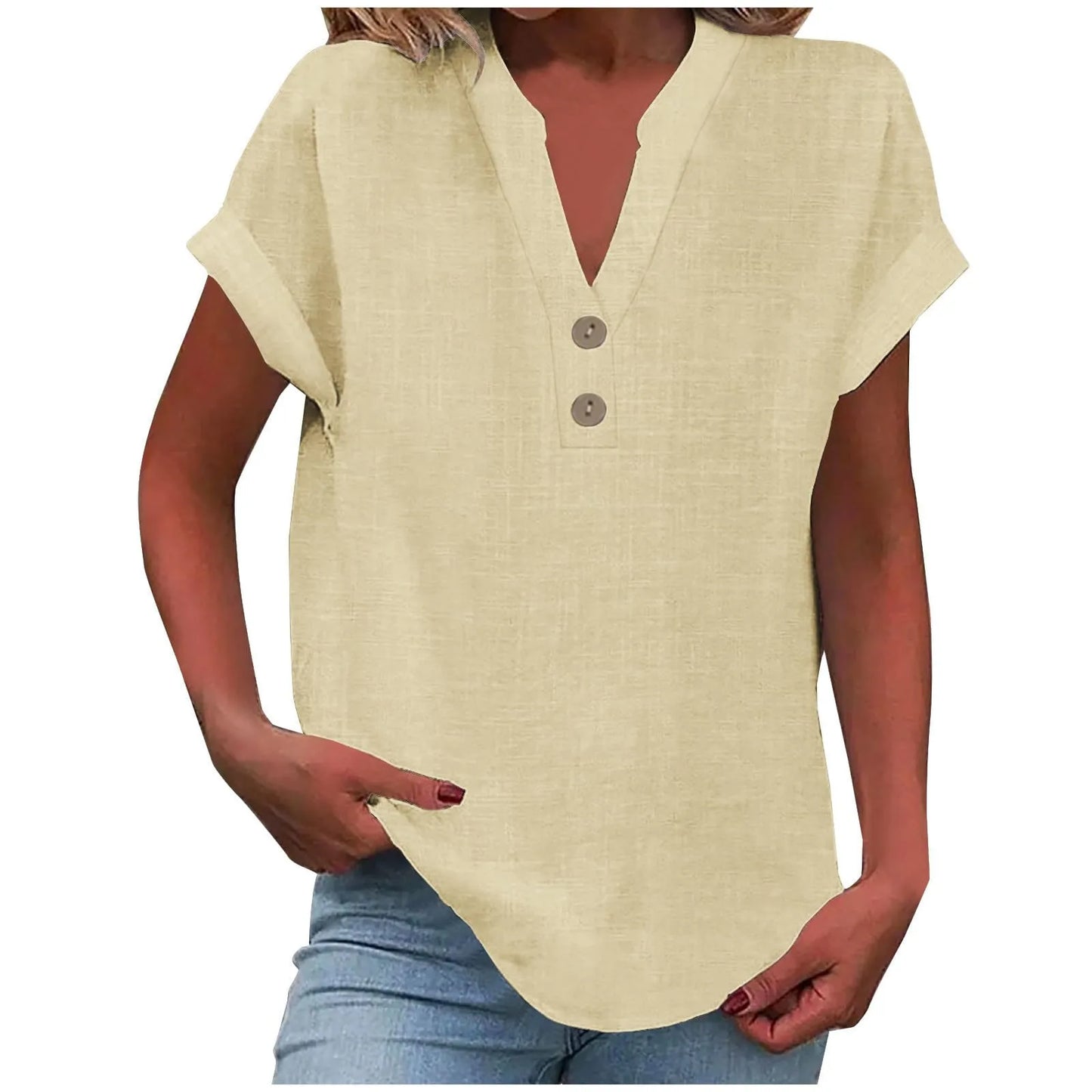 Women’s Summer Cotton Linen V-Neck Button Down Shirt – Breathable Casual Office Top in Solid Colors