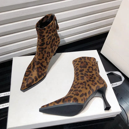 Leopard Print Women’s Ankle Boots – Fashionable High Heel Short Booties, Elegant Dancing & Party Prom Shoes
