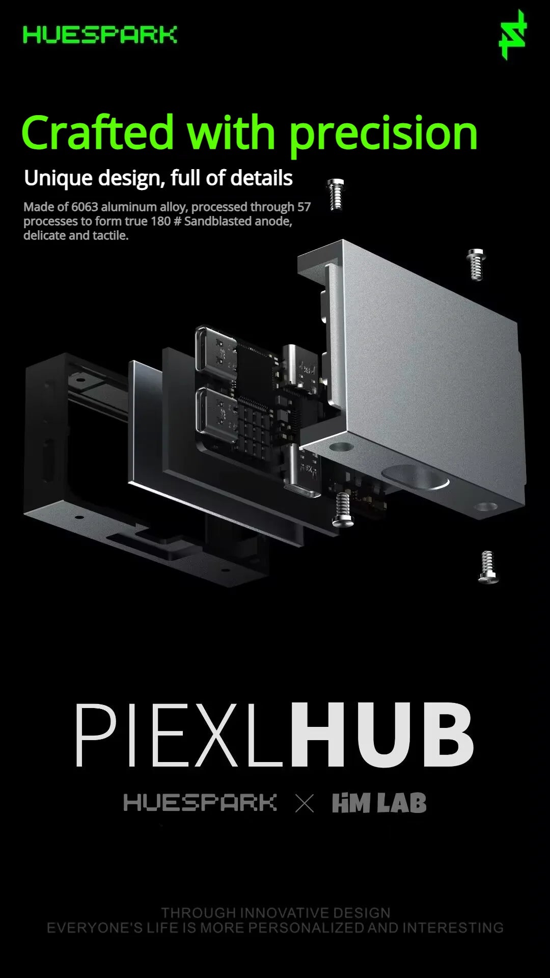 HUESPARK & HMLAB PIEXLHUB 1-to-3 USB Gaming Hub – 8K Stable Power Supply for Trendy Desk Setup, Designed for Gamers