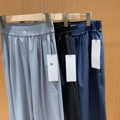 Women’s Summer High Waist Trousers & Cotton O-Neck Yoga Tank Top Set – Casual Loose Wide Leg Gym Sportswear