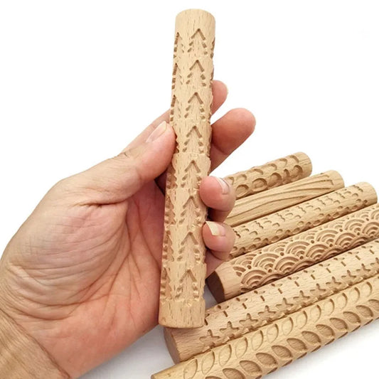 3D Embossed Pottery Rolling Pin - Wooden Hand Pressure Roller for Baking, Pie, and Cookie Making, Handmade Kitchen Tools