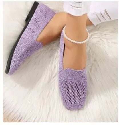 Solid Color Square Toe Mesh Loafers – Women’s Casual Slip-On Ballet Flats, Soft Bottom Knit Boat Shoes