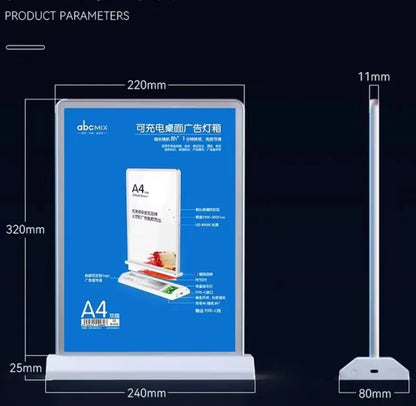 Ultra-Thin Rechargeable Double-Sided LED Light Box Display Stand – Tempered Glass Desktop Advertising Poster Frame for Bar & Shop