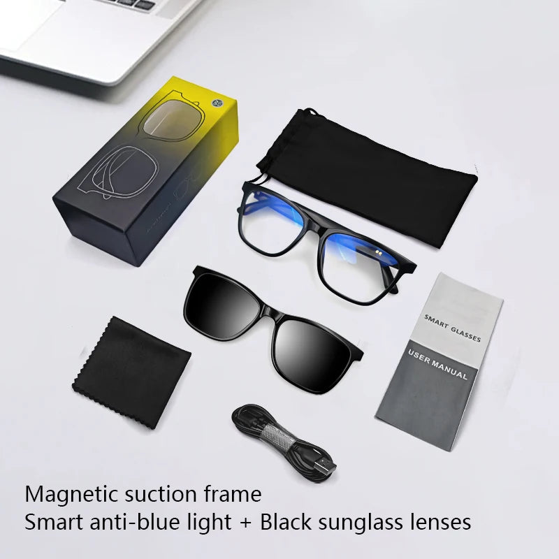 Hot GS05 2-in-1 Smart Glasses for Men – UV Protection, Polarized Anti-Blue Light Sunglasses with Music, Black Frame & White Lenses