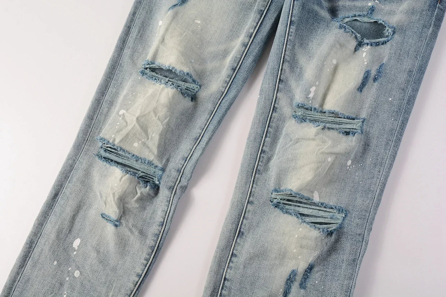 2025 Men’s High Street Ripped Skinny Jeans — Low Rise Blue Distressed Denim Fashion Repair Trousers 9003