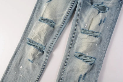 2025 Men’s High Street Ripped Skinny Jeans — Low Rise Blue Distressed Denim Fashion Repair Trousers 9003