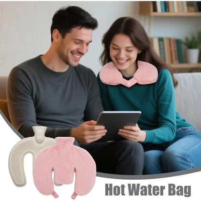 U-Shaped Hot Water Bottle Neck Wrap - Reusable Plush Heating Bag with Hand Pockets for Winter Warmth and Comfort