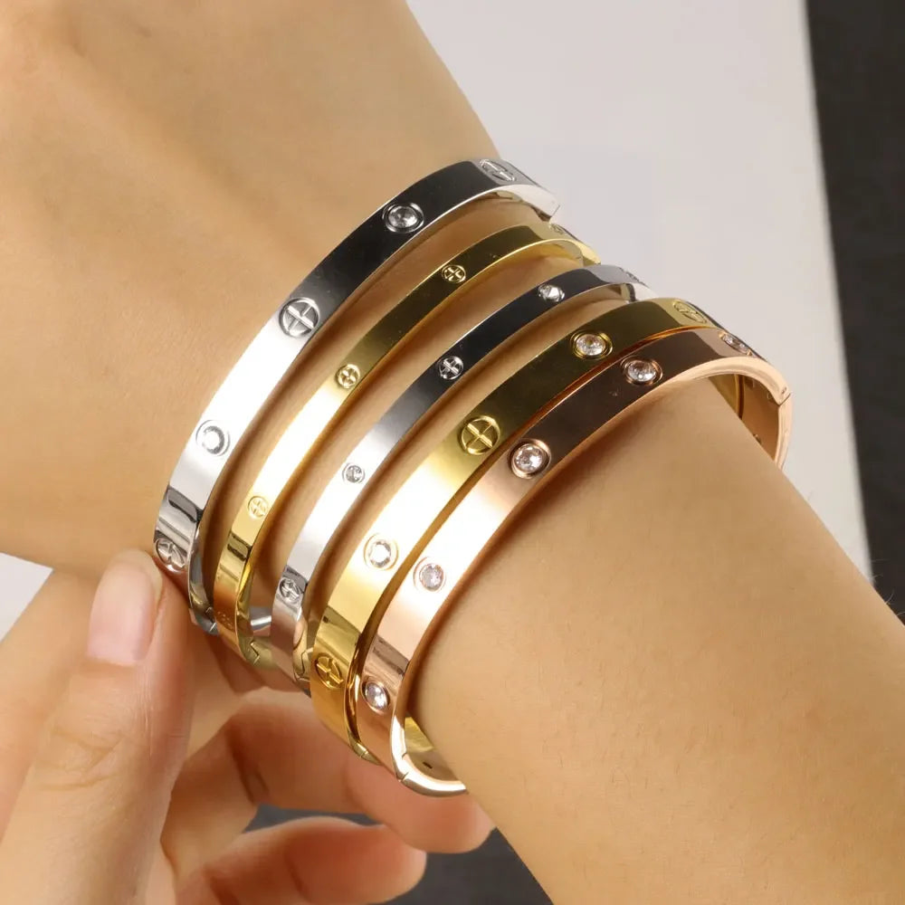 Stainless Steel Cuff Bracelet — Crystal Charm Bangle for Women, Fashion Jewelry