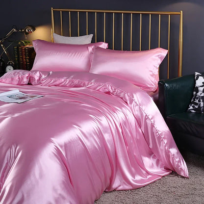 Silk Bedding Set With Duvet Cover - Luxury Satin Bed Sheet Pillowcase Set Solid Color King Queen Twin Size
