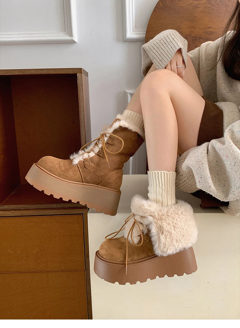 Women’s Winter Chunky Sole Fur Snow Boots – Cozy Height-Boosting Cotton Short Booties