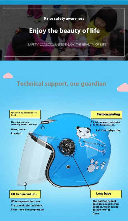 Children's Helmet with Cute Cartoon Pattern – Anti-Fall Open Face Safety Helmet for Kids, Four Seasons Motorcycle Protection