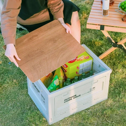 Camping Storage Box with Trunk Organizer - Multi-Functional Folding Outdoor Bench and Chopping Board for Picnics and Car Camping