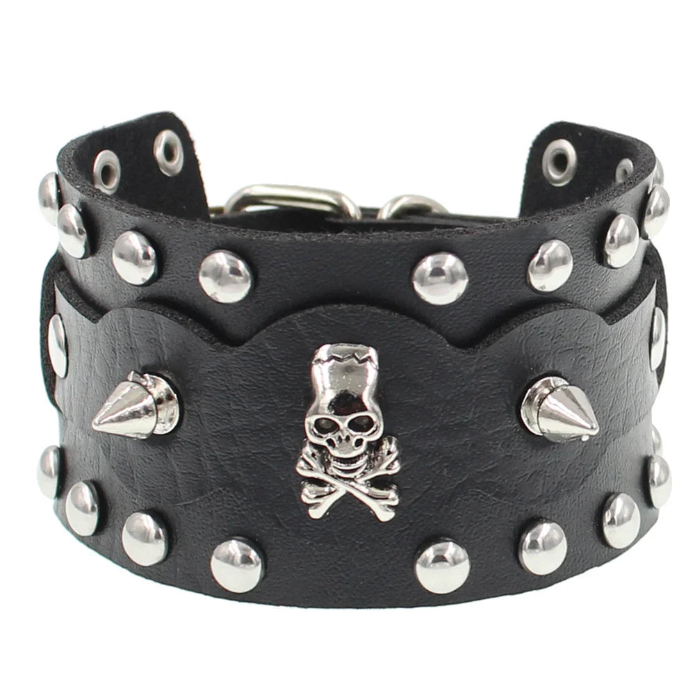 90s Punk Style Bracelet – PU Leather with 3 Rows of Spikes & Square Studs, Fashion Bangle for 2024