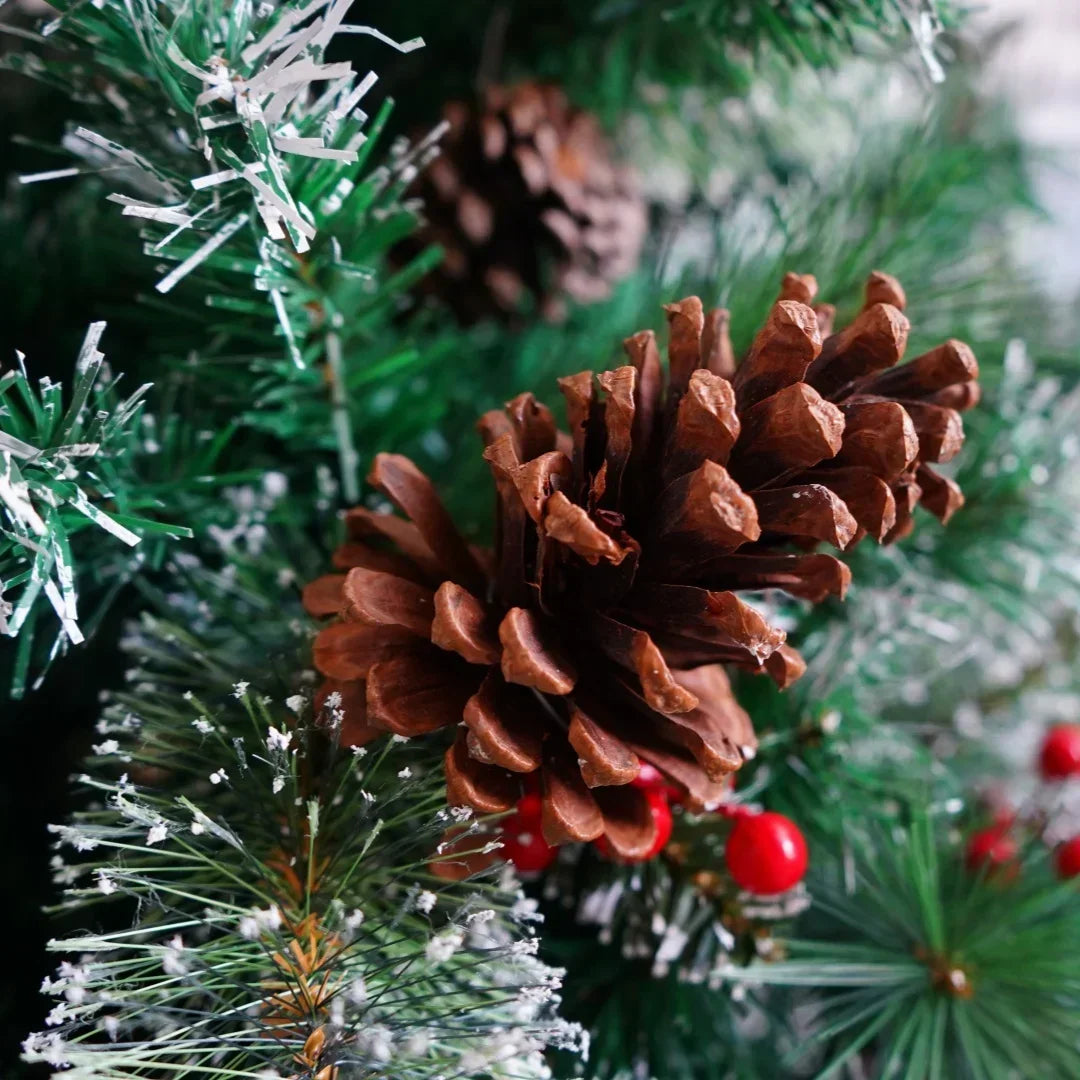 6/7FT Realistic Green Artificial Christmas Tree – Unlit with Pinecones & Holly Berries, Quick Setup with Metal Stand