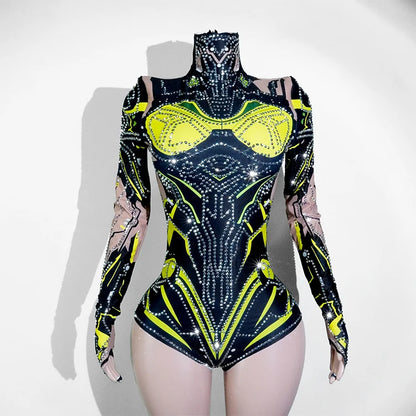 Sexy Sparkly Green Rhinestone Bodysuit – Stage Dance Costume for Party, Bar Show, Drag Queen, Cosplay & Halloween