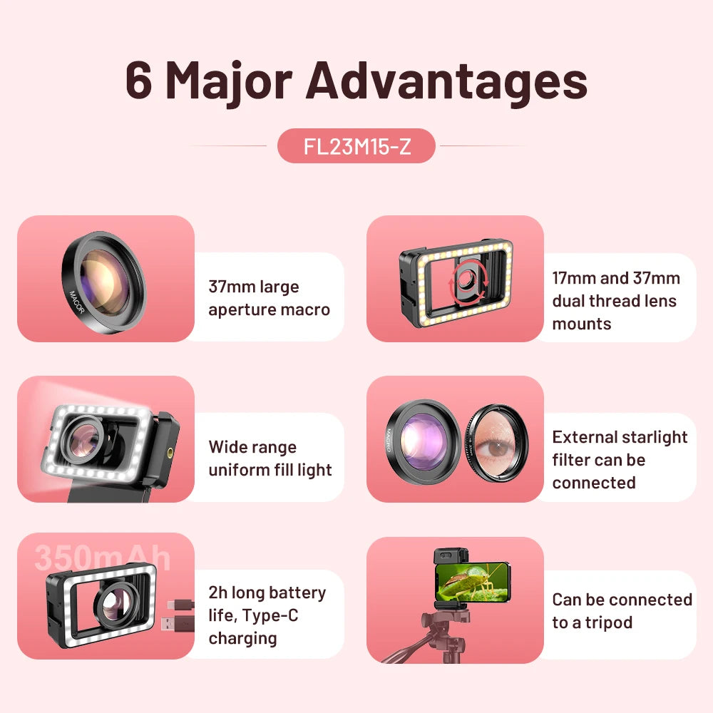 APEXEL 4K HD 15X Macro Lens Kit with LED Fill Light for iPhone, Samsung & All Smartphones