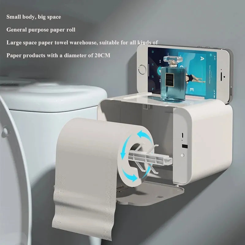 Induction Automatic Toilet Paper Holder with Shelf - Wall-Mounted Dispenser, WC Paper Rack for Bathroom Accessories