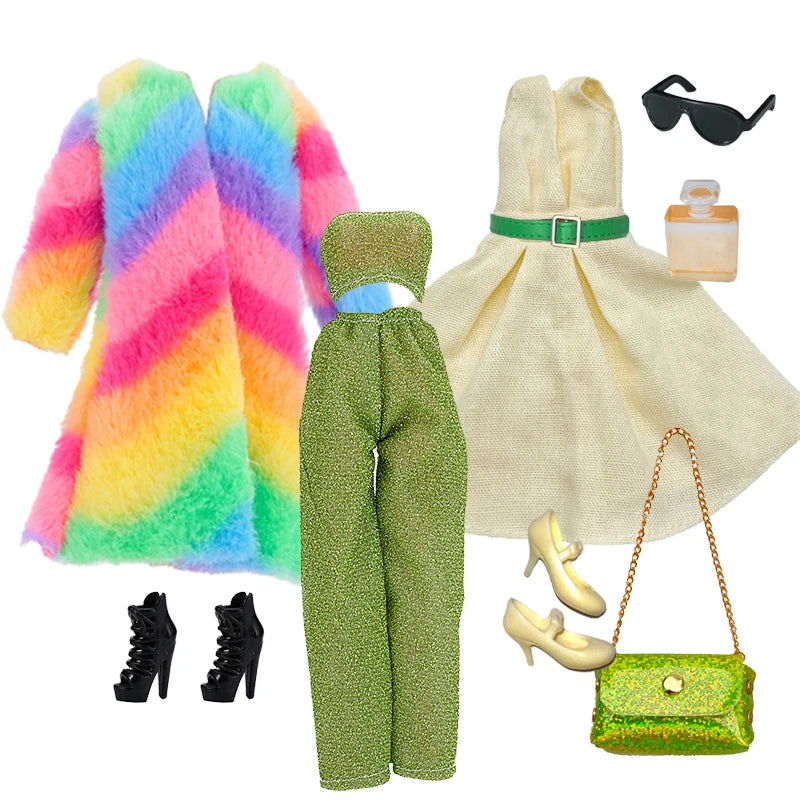 1/6 Doll Clothes Set — Handmade Fashion Outfits with Green Dress, Bag & Shoes for 12-Inch (30cm) Dolls