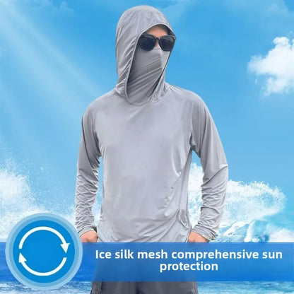 Men's Hooded Sun Protection Shirt - Lightweight Ice Silk Long Sleeve Cooling Pullover for Cycling & Fishing