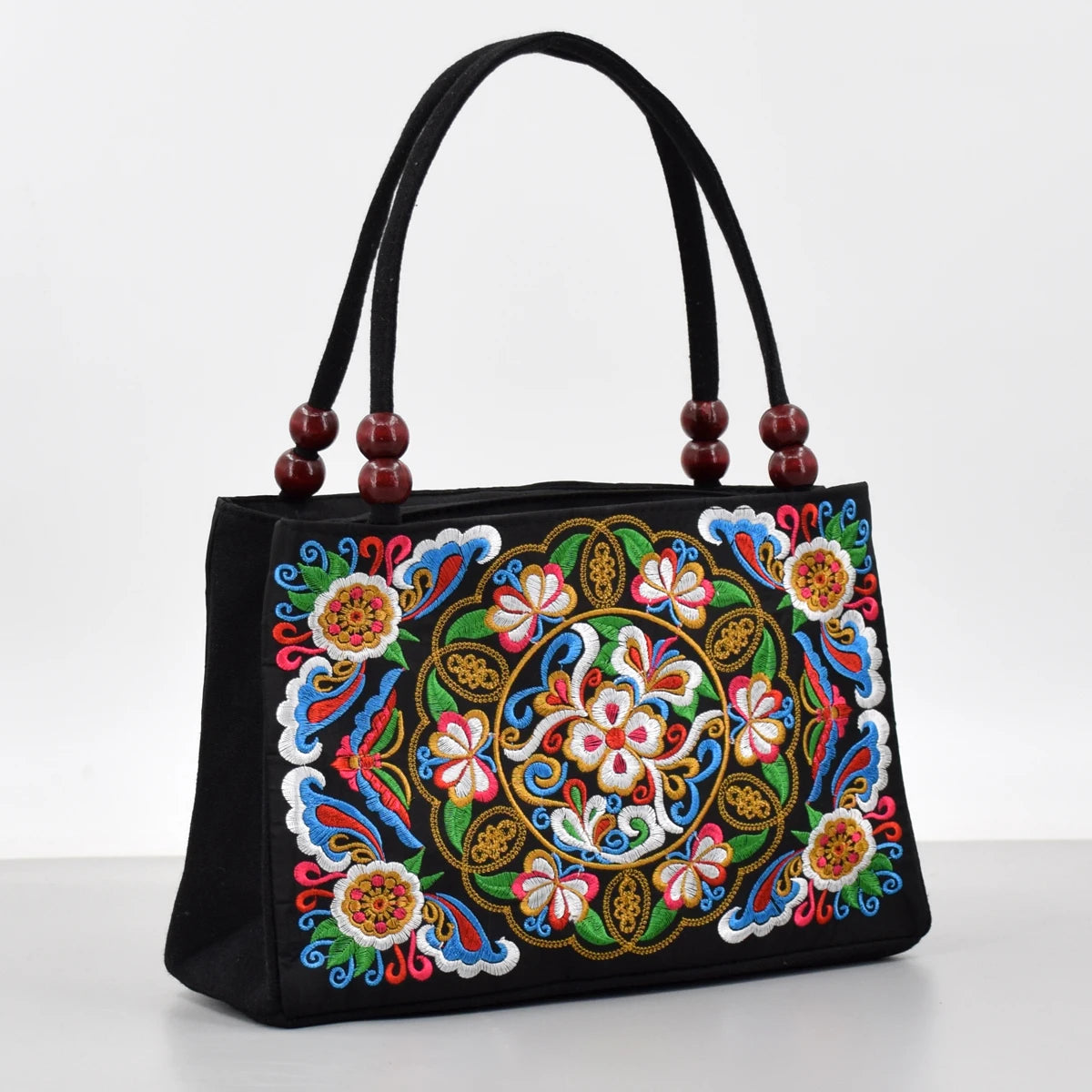 Embroidered Canvas Top Handle Bag for Women - Double Layered with Zippered Compartments, Ideal for Work and Play