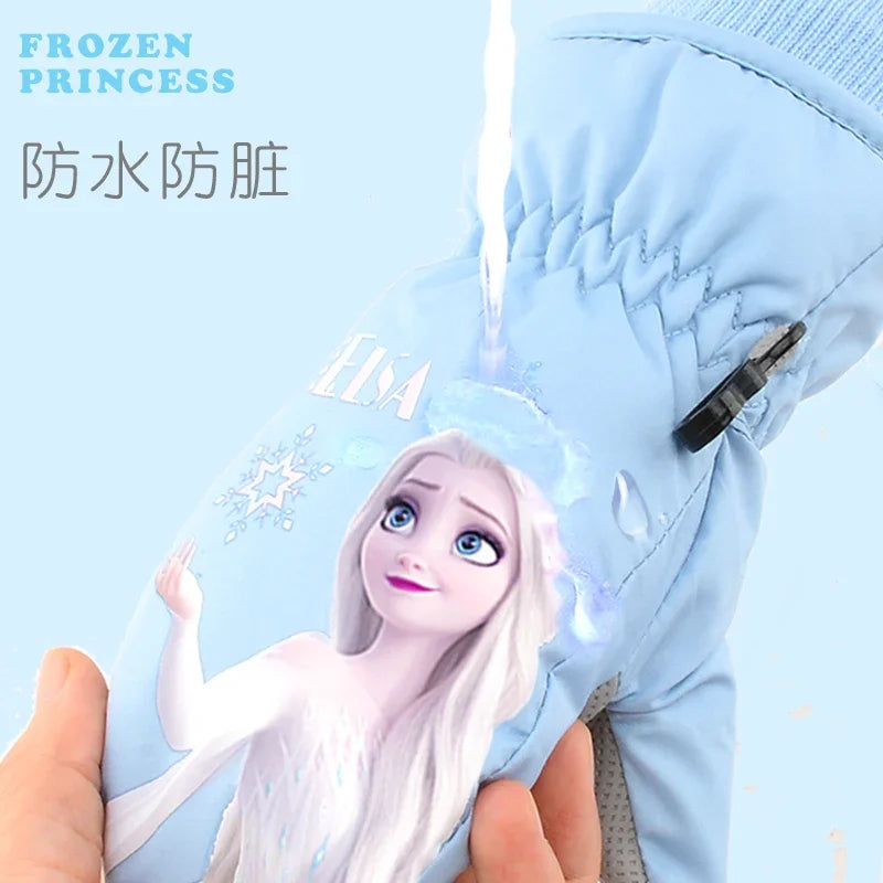 Hasbro Princess Elsa Finger Ski Gloves - Cute Kawaii Velvet, Thickened & Waterproof Gloves for Girls, Warm Winter Kids Gloves
