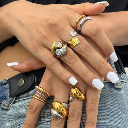 Vintage 18K Gold Plated Stainless Steel Ring – Double Line Irregular Open End Jewelry for Women