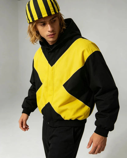 2026 Black & Yellow Cross Jacket - American High Street Loose Fit Stand Collar Zipper Cardigan Jacket